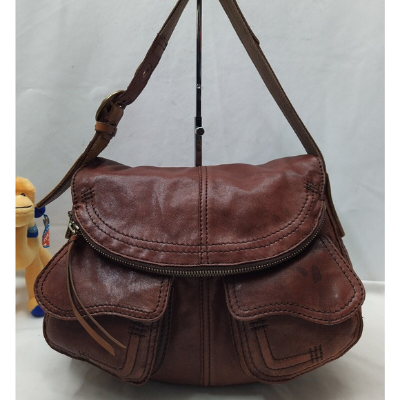 Lucky Brand Brown Leather Front Pockets Zipper Closure Shoulder Bag - Picture 1 of 13